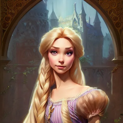 Image similar to princess rapunzel, D&D, fantasy, intricate, elegant, highly detailed, digital painting, artstation, concept art, matte, sharp focus, illustration, art by Artgerm and Greg Rutkowski and Alphonse Mucha