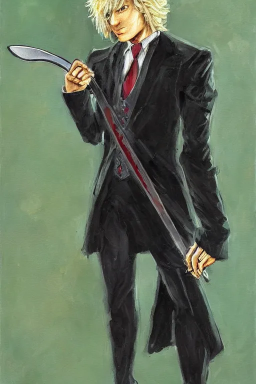 Image similar to speedwagon holding a sword, painting