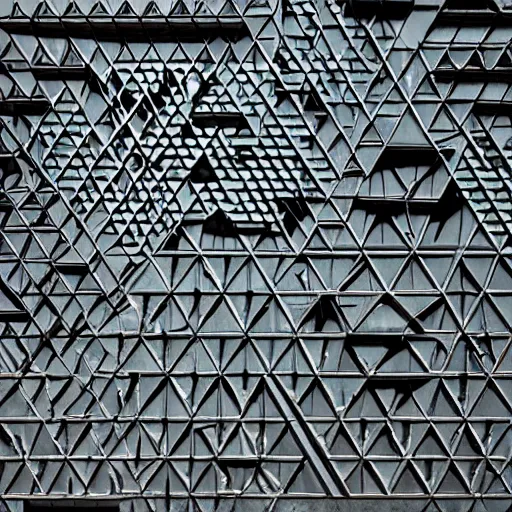 Prompt: triangular pattern, sci - fi, artificial, metal, abstract, intricate, layered, concrete, brutalistic, angular, organic