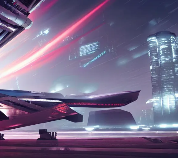 Image similar to immense futuristic sci fi jet lands at runway of cyberpunk city, night photo ,dark cinematic lighting , digital concept art