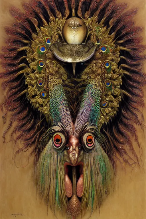 Prompt: hyper realistic painting of tribal peacock mask by wayne barlowe, beksinski, hr giger, austin osman spare, bussiere, roberto ferri, rembrandt, luis ricardo falero, intrincate ornaments, occult art