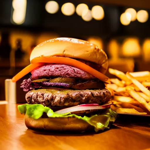 Prompt: the perfect burger, award winning photo, food photography, golden hour, with fries, upside down