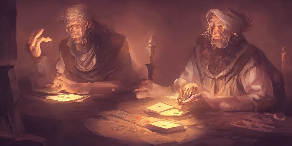 Prompt: sorcerer shuffling cards, cards, fantasy, digital art, soft lighting, concept art, 8 k