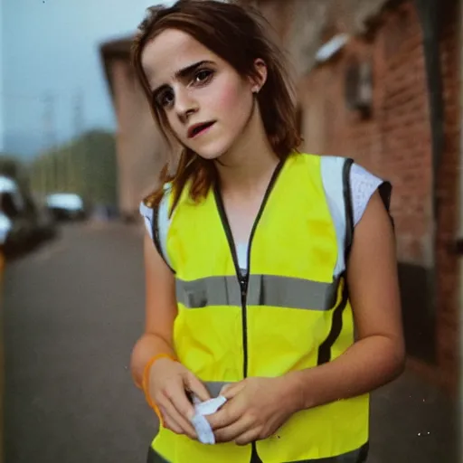 Prompt: photo, close up, emma watson in a hi vis vest, chewing tobacco, bulging lower lip, portrait, kodak gold 2 0 0,