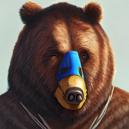 Image similar to painting portrait of a native american wearing a face mask that looks like a bear, artstation, ultra detailed