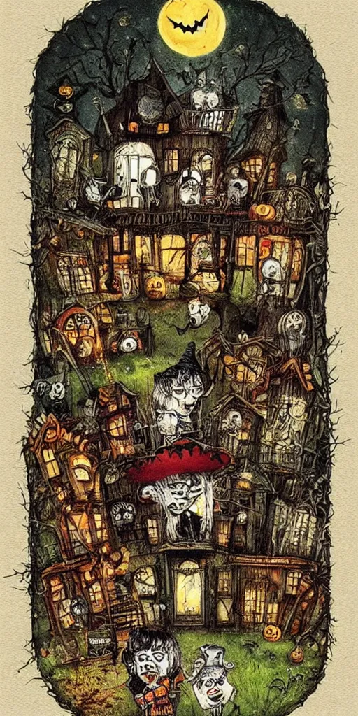 Image similar to a vintage halloween scene by alexander jansson and where's waldo