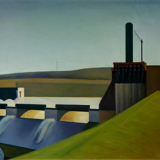 Image similar to hydroelectric dam, turbines, spillway, fish ladder, robot caretakers, grant wood, pj crook, edward hopper, oil on canvas