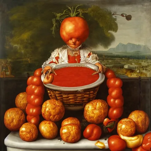 Image similar to a boy sitting in a tub full of tomato sauce, a big meatball lurking in the background, by giuseppe arcimboldo, renaissance, portrait, fruit, detailed oil paint, high definition