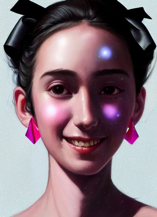 Image similar to portrait of teenage girl, realistic, black hair, bangs, half updo hairstyle, pointy nose, skinny, smile, ugly, defined jawline, big chin, pink hair bow, earrings, intricate, elegant, glowing lights, highly detailed, digital painting, artstation, sharp focus, illustration, art by wlop, mars ravelo and greg rutkowski