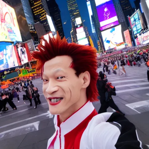 Prompt: hisoka taking a selfie at times square, high quality