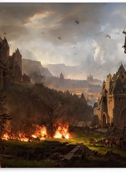 Prompt: a medieval battlefield, epic atmosphere, by greg rutkowski, nature by asher brown durand,