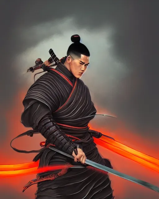Prompt: portrait of devin booker as a ronin samurai, wearing a haori, by wlop and peter mohrbacher, dramatic action pose, extremely detailed shading, concept art, digital painting, trending on artstation, atmosphere, glow, cinematic lighting, full of color