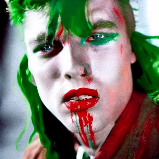 Image similar to young peter otoole with green hair, white paint on face, messy red lips, portrait, impressionistic, film still