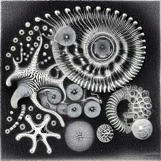 Image similar to a black and white drawing of a variety of sea life and filled with technological space equipment, a microscopic photo by ernst haeckel, zbrush central, kinetic pointillism, bioluminescence, intricate patterns, photoillustration