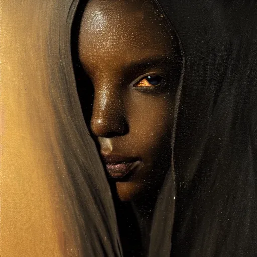 Image similar to a portrait of a young black woman wearing a long dark cloak, hood and shadows covering face, anatomically correct, beautiful perfect face, enigmatic, oil painting, matte painting, black background, Volumetric Golden dappled dynamic lighting, Highly Detailed, Cinematic Lighting, Unreal Engine, 8k, HD, by Beksinski