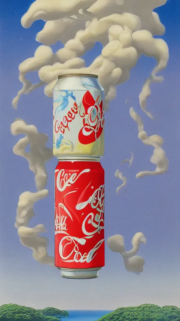 Image similar to 1 9 8 0 s airbrush surrealism illustration of a can of coke by roger dean