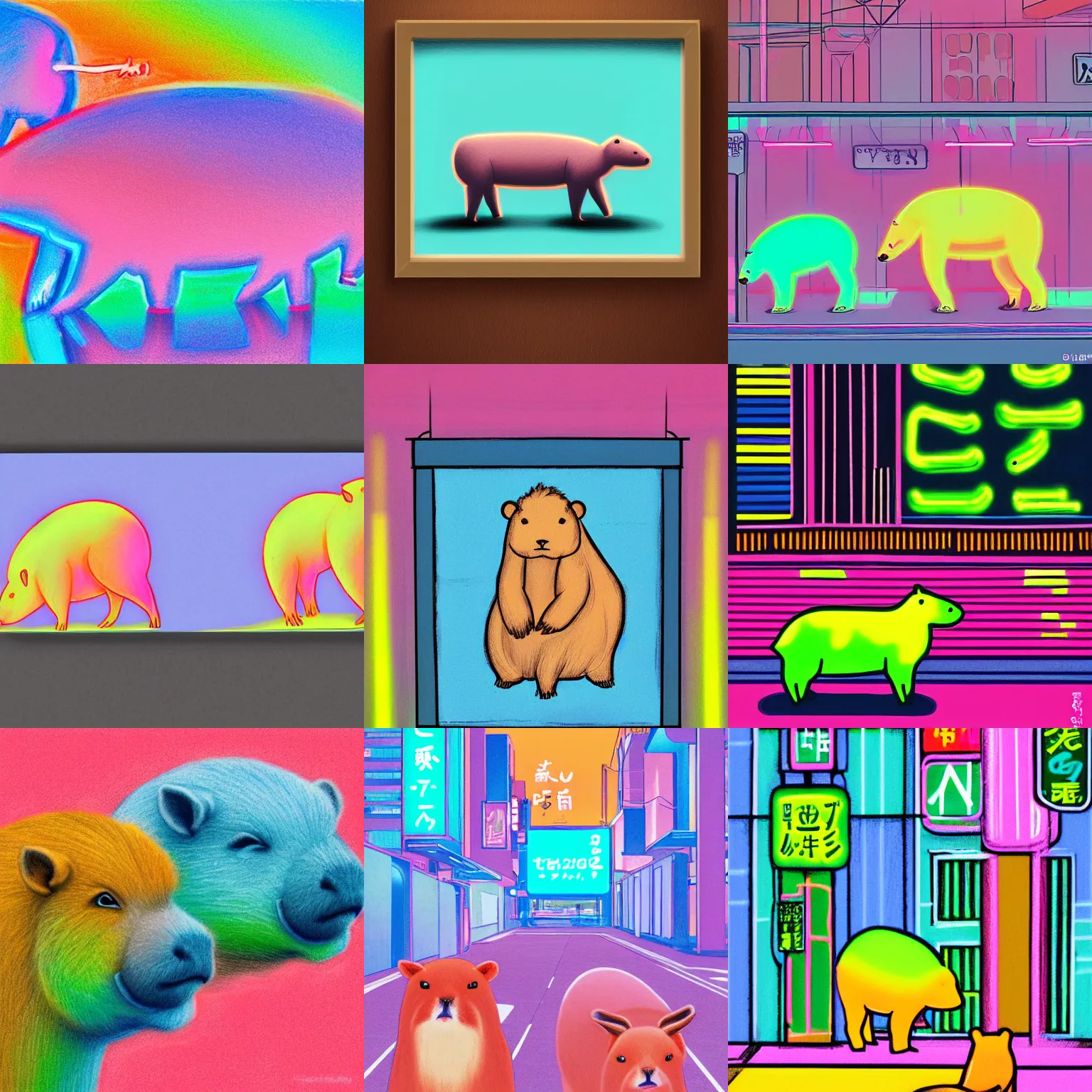 Prompt: neon pastel art style, capybaras in tokyo