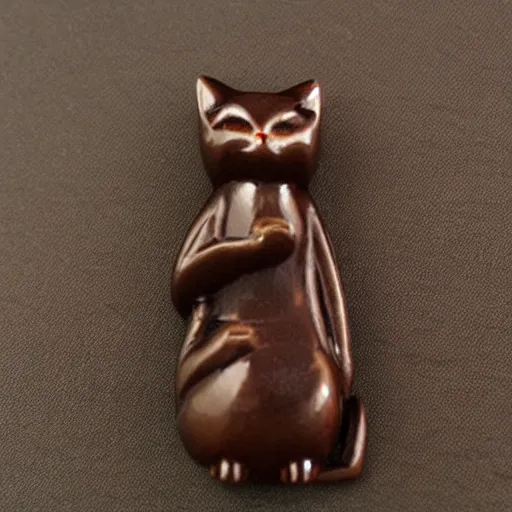 Prompt: elegant thin anthropomorphic cat figurine wearing a kimono, hand carved brown resin, kimono toggles, very highly detailed, petite, exquisite details, intricate, monotone, shy looking down waving one paw head turned slightly