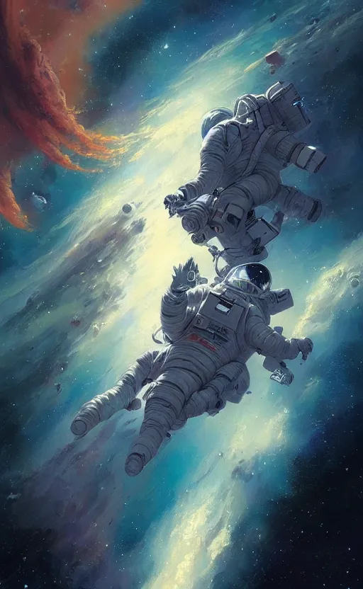 Image similar to a beautiful artwork illustration, astronaut hovering in space galactic nebula, by greg rutkowski and jesper ejsing and raymond swanland, featured on artstation, wide angle, vertical orientation