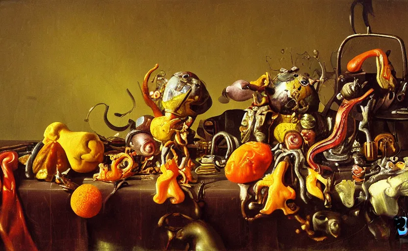 Image similar to disturbing colorful oil painting dutch golden age vanitas still life with bizarre objects strange gooey surfaces shiny metal bizarre insects rachel ruysch dali todd schorr very detailed perfect composition rule of thirds masterpiece canon 5 0 mm, cinematic lighting, photography, retro, film, kodachrome