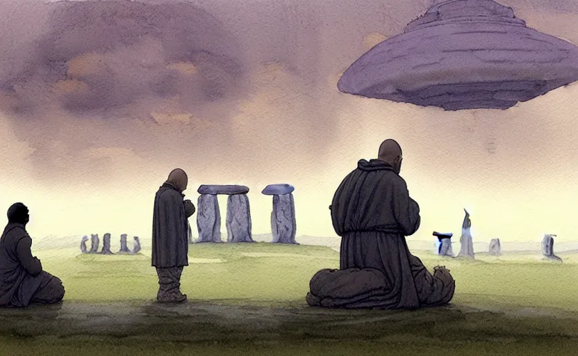 Image similar to a hyperrealist watercolour character concept art portrait of one small grey medieval monk and another giant orange medieval monk kneeling down in prayer in front of a complete stonehenge monument on a misty night. a ufo is in the sky. by rebecca guay, michael kaluta, charles vess and jean moebius giraud