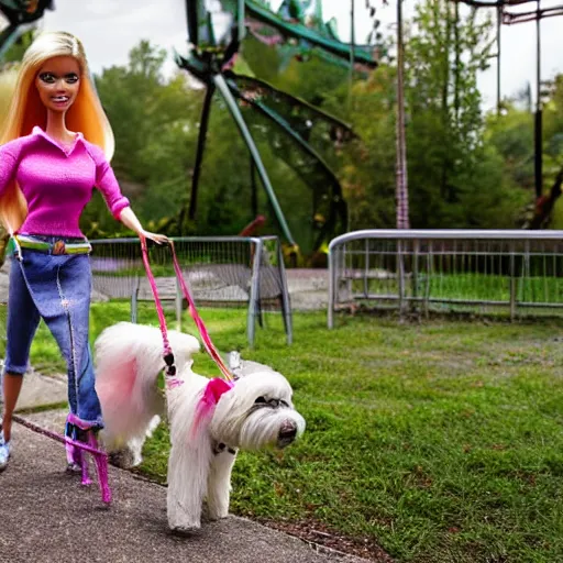 Image similar to barbie walking her dog in an abandoned amusement park