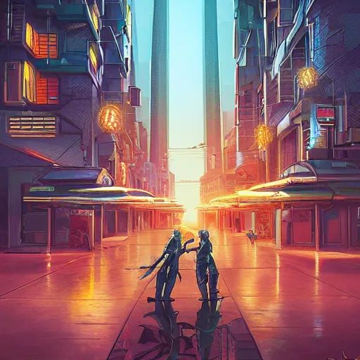 Image similar to ninja cyborgs katana duel in cybercity, golden hour, poster by michael whelan and gilbert williams and evgeny lushpin and artgerm and alena aenami, 3 0 mm, highly detailed