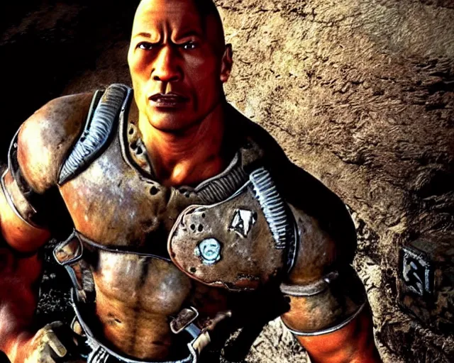 Prompt: Fallout 1 talking head of Dwayne Johnson, screenshot from Fallout (1997)