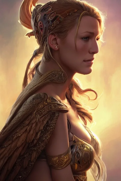 Image similar to ultra realistic illustration, blake lively as athena from baldurs gate and diablo, intricate, elegant, highly detailed, digital painting, artstation, concept art, smooth, sharp focus, illustration, art by artgerm and greg rutkowski and alphonse mucha