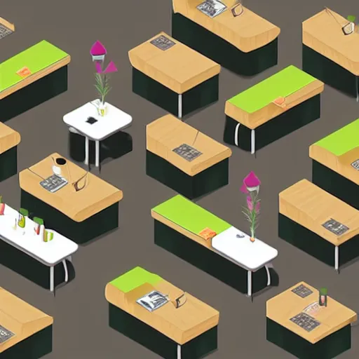 Image similar to isometric cartoon of cannabis leaf cafe. by benoit mandelbrot, low poly minimal desks and chairs design