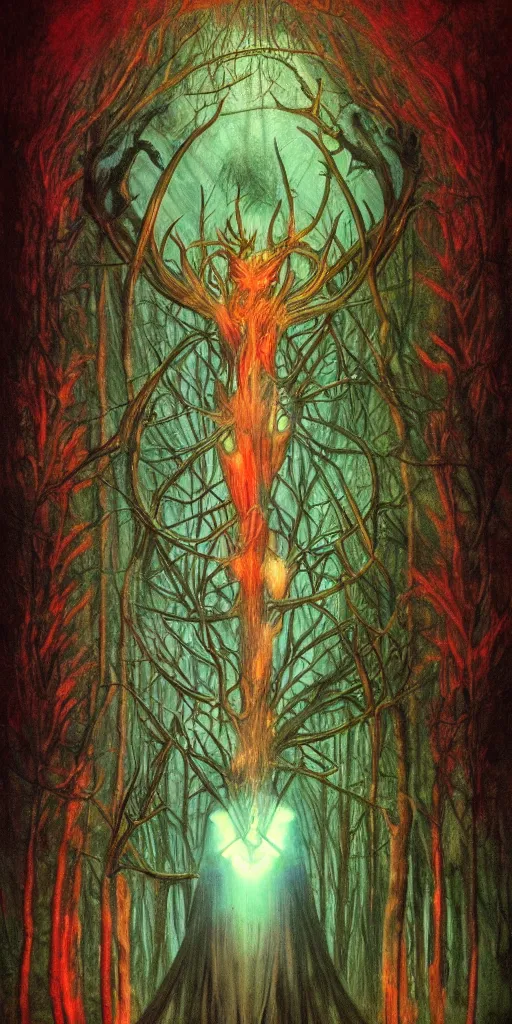 Prompt: intense glowing black metal pagan god with antlers and veins and intense glowing eyes in very dark forest by h r giger and beksinski and alphonse mucha, portrait, fantasy, clear, red and teal and yellow, light beams, lens flare, intense, uhd, amazing depth, cinematic lighting