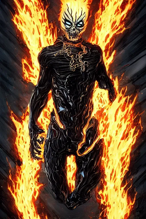 Image similar to ghost rider symbiote, comic strip style, dynamic lighting, fantasy concept art, trending on art station, stunning visuals, creative, cinematic, portrait, ultra detailed