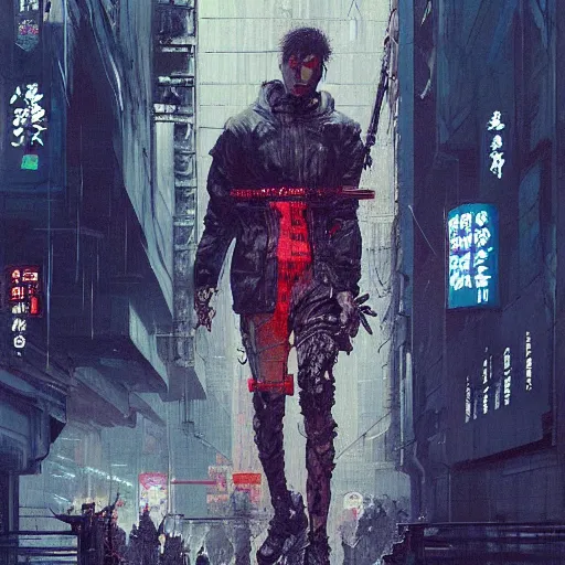 Image similar to a beautiful ukiyo painting of full body cyberpunk blade runner, dramatic pose, wearing japanese techwear, detailed symmetrical, intricate complexity, concept art, by ismail inceoglu dragan bibin hans thoma greg rutkowski alexandros pyromallis nekro rene maritte illustrated, perfect face, fine details, realistic shaded, fine - face, pretty face