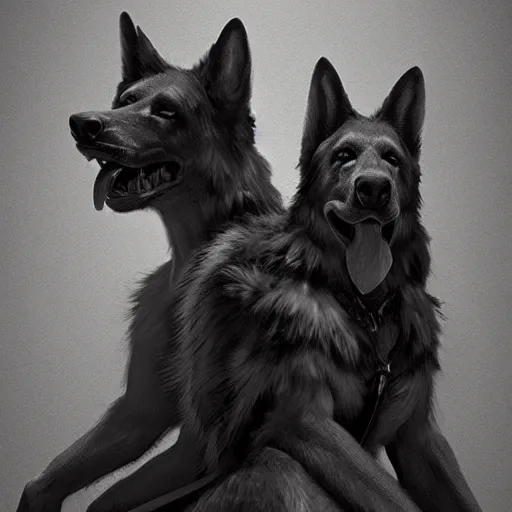 Prompt: two humanoid german shepherds beast - men, sitting on a couch and hugging together, artstation, concept art, smooth, sharp foccus ilustration, artstation