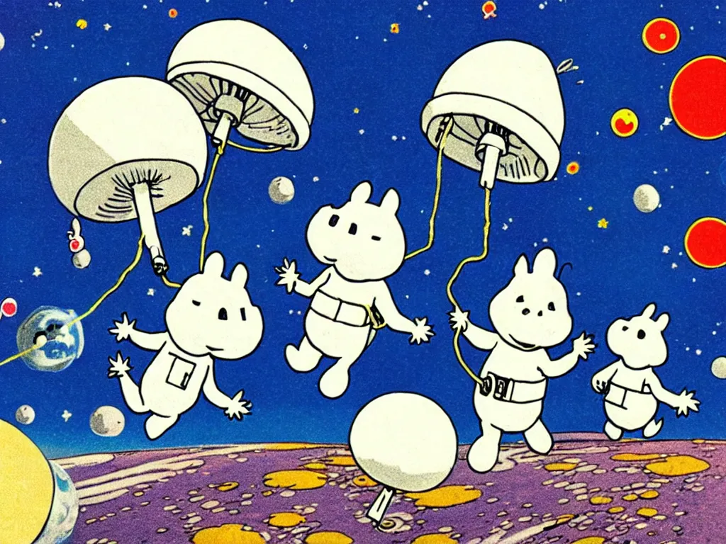 Image similar to moomins in space suits flying around with jetpacks discovering the mushroom planet