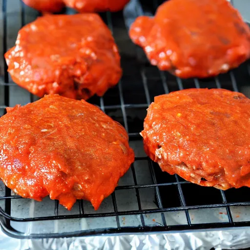 Image similar to freezerburnt buffalo chicken patties that my spouse just pulled out of the freezer