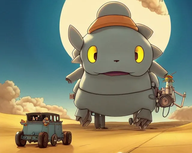 Image similar to a cell shaded cartoon giant grey lovecraftian mechanized pikachu from howl's moving castle ( 2 0 0 4 ), with a big head, on a desert road, wide shot, sunset, golden hour, muted colors, post grunge, josan gonzales, wlop, by james jean, victor ngai, hq, deviantart, art by artgem