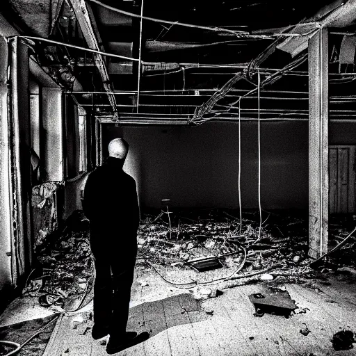 Image similar to two men in black, looking at a black hole in the dark grimy grungy basement of an abandoned apartment block, wires, cables, grainy black and white photography, 5 0 mm lens