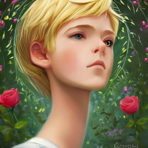 Image similar to the little prince standing in a garden of roses, blond hair, gorgeous, amazing, elegant, intricate, highly detailed, digital painting, artstation, concept art, sharp focus, illustration, art by corinna ice