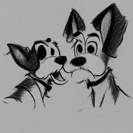 Image similar to milt kahl pencil sketch of happy mini schnauzer cartoon lady and the tramp style