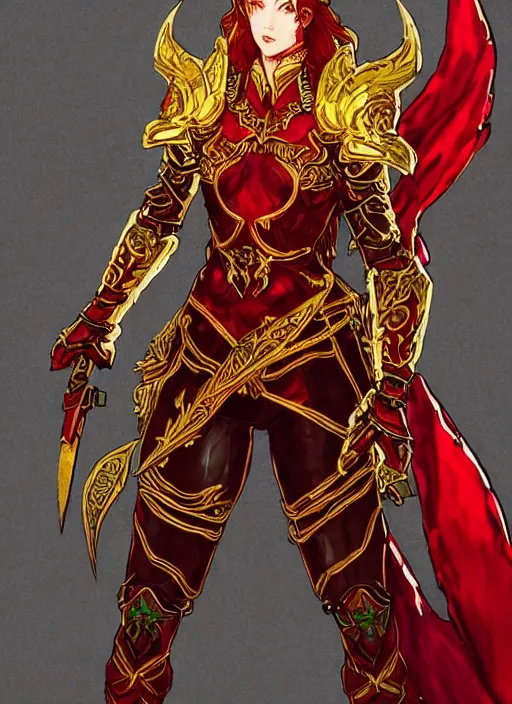 Image similar to Full body portrait of a handsome young red haired elven princess warrior wearing red, green and gold ornate leather armour and golden tiara. In style of Yoji Shinkawa and Hyung-tae Kim, trending on ArtStation, dark fantasy, great composition, concept art, highly detailed.