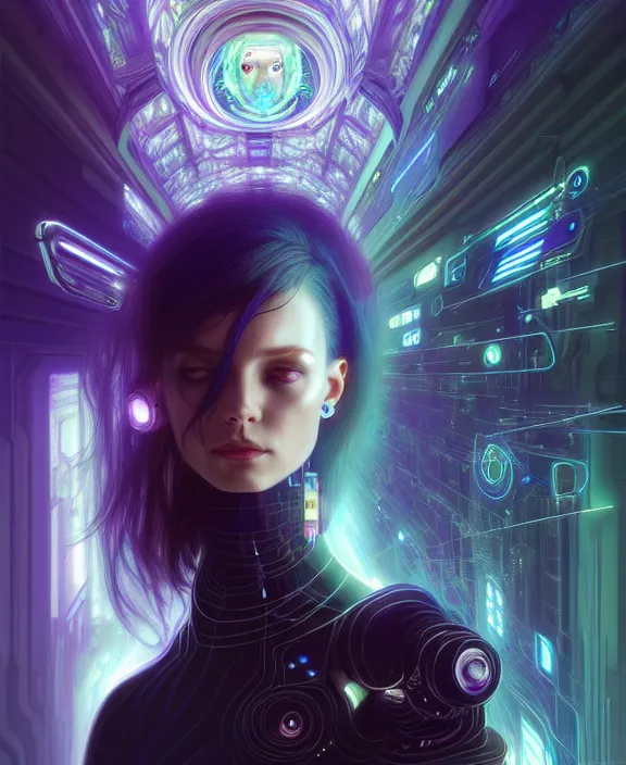 Image similar to a whirlwind of souls rushing inside the metaverse, hologram, half body, neurochip, shaved temple, piercing, jewelry, android, cyborg, cyberpunk face, by loish, d & d, fantasy, intricate, elegant, highly detailed, colorful, digital painting, artstation, concept art, art by artgerm and greg rutkowski and alphonse mucha