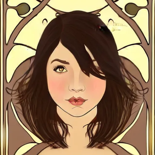 Image similar to chubby brunette woman with straight hair in a short bob, romanian heritage, brown eyes, no bangs, digital art, cartoon, 8k, illustration, art nouveau, Alphonse Mucha, trending on artstation, medium shot, head shot