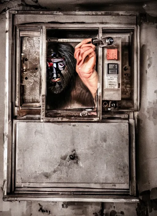 Image similar to scary half human half ape inside fuse box in post communist apartment building