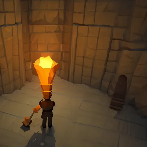 Image similar to a man holds a torch and explores a Dungeon, luminous, low poly