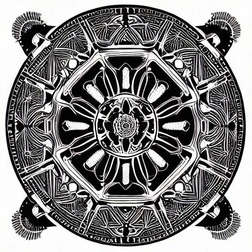 Prompt: symmetrical mandala pattern of machine guns, shotguns, rifles, revolvers, bullets, ultra-realistic, intricate details, 4k