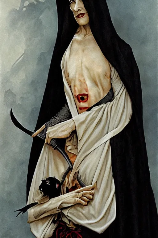 Prompt: a vampire wearing a long black robe with large bat ears huge black eyes and gray skin, character art, painting by james c christensen