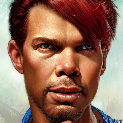 Image similar to highly detailed closeup portrait of phil lamarr with red hair, very detailed, realistic, card, by stanley artgerm lau, greg rutkowski, thomas kindkade, alphonse mucha, loish, norman rockwell j.