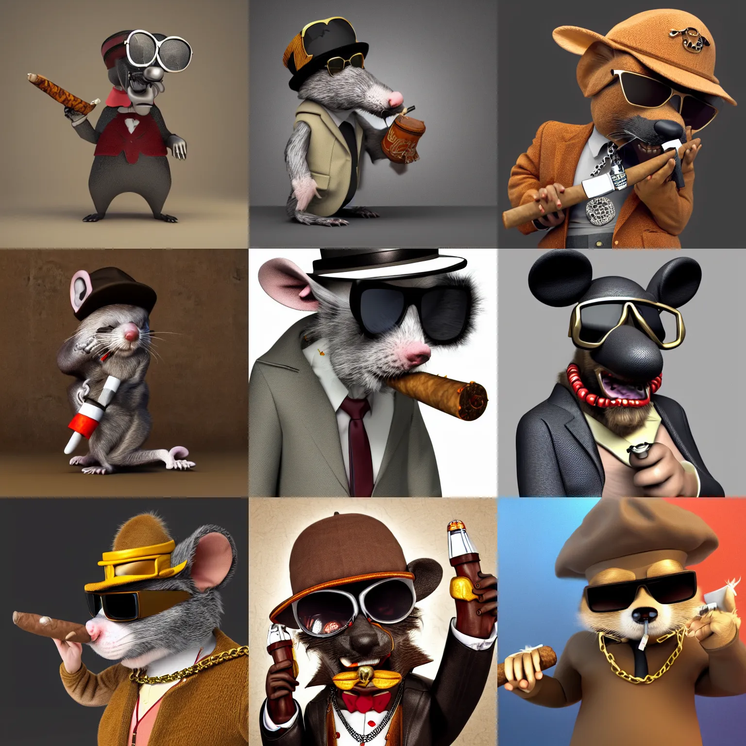 Prompt: anthropomorphic gangster rat smoking a huge cigar, wearing a chain, wearing sunglasses and a cap, long fur, anthropomorphic rat, detailed, 3d render, 4k