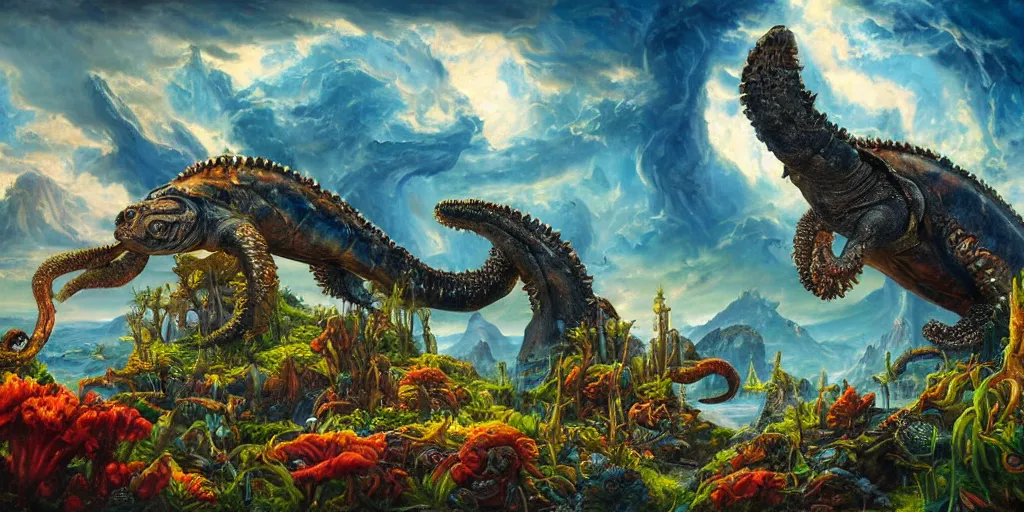 Image similar to fantasy oil painting, great leviathan, cybernetic turtle cephalopod terrapin reptilian pachyderm squid, bella hadid, hybrid, milla jovovich, anubis, epic natural light, lush plants flowers, spectacular mountains, bright clouds, luminous sky, outer worlds, golden hour, michael cheval, edward hopper, michael whelan, vray, hd